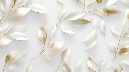 A seamless, high-resolution 3D wallpaper design featuring overlapping white leaves and gold leaves with a delicate metallic sheen
