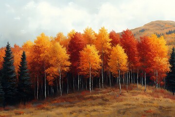Fototapeta premium Autumnal Aspens Blaze Bright Against a Mountain