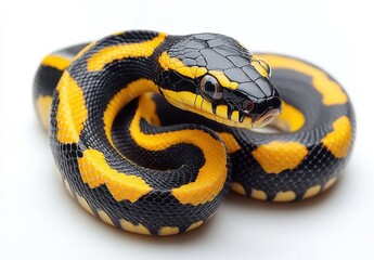 Obraz premium Close-up of a Colorful Yellow and Black Snake on a White Background Showcasing Intricate Scale Patterns and Unique Features for Wildlife Photography