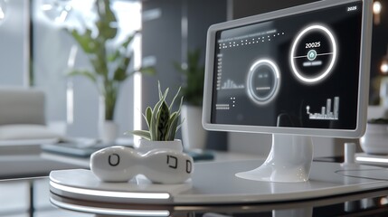 sales growth targets displayed as upward-trending bar graphs and line charts on a futuristic business dashboard in a sleek office environment. year 2025 business growth goals 