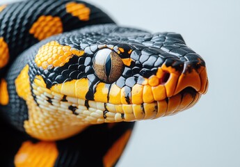 Obraz premium Close-Up of a Magnificent Black and Orange Snake Showcasing Intricate Scales and Texture Against a Soft Background for Nature Lovers and Wildlife Enthusiasts