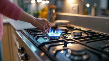 Naklejka premium Lighting the Gas Stove: A Modern Kitchen Scene