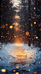 Naklejka premium Dreamy blurred bokeh lights glowing gently on a snowy forest path creating an enchanting and tranquil winter landscape visual