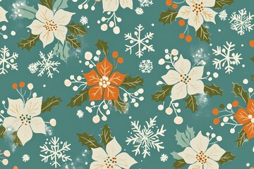 Festive Floral Pattern with Poinsettias and Snowflakes Design