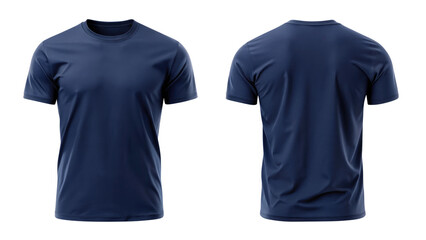 navy blue t shirt round neck template from two sides isolated on transparent white background, clipping path