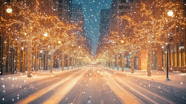 Snow falls softly on a city street lined with bright Christmas trees, creating an abstract, blurred light effect that gives a magical feel to the scene