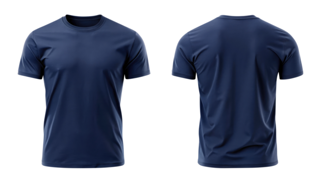 navy blue t shirt round neck template from two sides isolated on transparent white background, clipping path