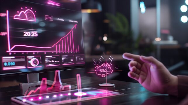 Holographic business growth goals with real-time updates on sales progress, customer acquisition, and profit margins. year 2025 business growth goals 