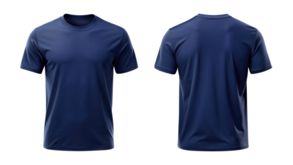 navy blue t shirt round neck template from two sides isolated on transparent white background, clipping path