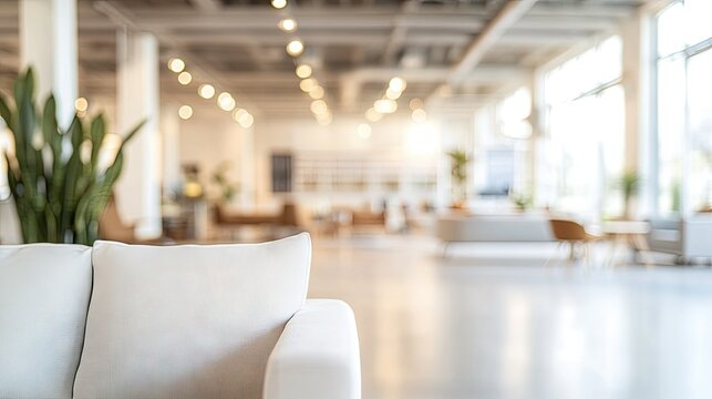 Softly blurred office interior with white decor, modern furniture, and spacious open design, perfect for background visuals in professional design concepts