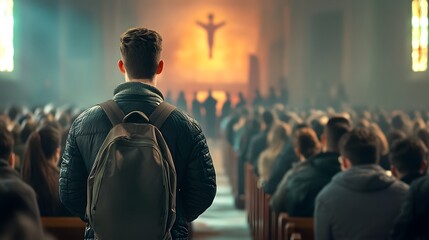 Solitary figure of a person standing in the back of a crowded church interior with the congregation seated in the pews and an illuminated cross on the altar in the foreground