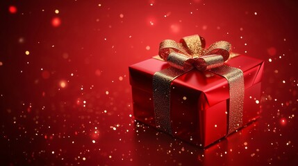 A glamorous red gift box with a golden bow, placed in the center of a rich red gradient background, surrounded by glowing effects, ample space for text, festive and refined composition.