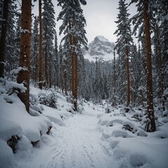 Fototapeta premium A snowshoe trail leading into a dense forest beneath snowy peaks.