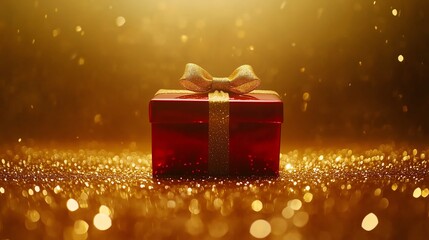 Glamorous red gift box with an elegant golden bow on a sparkling gold background, ample copy space.
