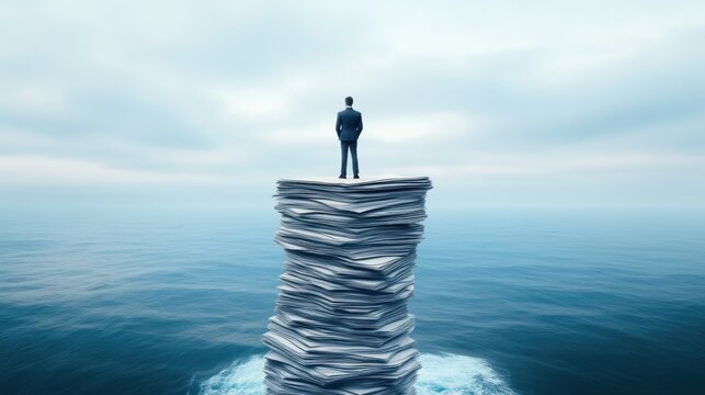 Overcoming challenges businessman on mountain of papers ocean view surreal imagery solitary perspective resilience concept