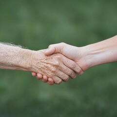 Generational Bond Old and Young Hands in Trustful Embrace Against Tranquil Backdrop