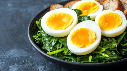 Soft boiled eggs served with plain steamed spinach, proteinrich and mild