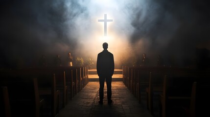 Solitary figure standing in the dimly lit sanctuary of a church with a glowing cross and ethereal lighting casting an air of mystery and spiritual contemplation