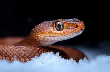Fototapeta premium Close-Up of a Stunning Brown Snake with Intricate Scales and a Striking Eye in a Snowy Habitat, Capturing Nature's Beauty and Serpent Detail