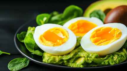 Soft boiled eggs served with a side of mashed avocados, creamy and nutrientrich