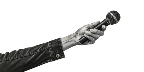 Retro Contemporary art collage featuring a hand with microphone. PNG
