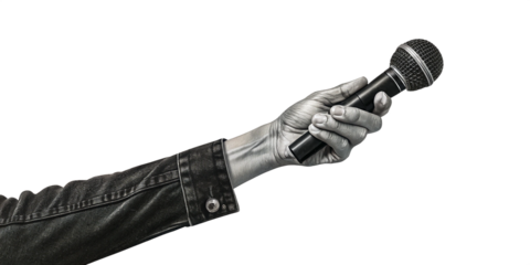 Retro Contemporary art collage featuring a hand with microphone. PNG