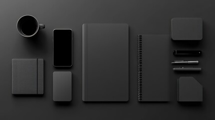 Flat lay of black stationery, phone, and coffee cup on dark surface.