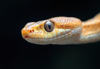 Obraz premium Close-up of a Stunning Orange Snake Displaying Intricate Scales and Captivating Eyes Against a Dark Background in Nature's Lively Display