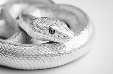 Fototapeta premium Close-Up of a Stunning Silver Snake Displaying Intricate Scale Patterns Against a Soft White Background, Showcasing Natural Beauty and Xenogenic Features