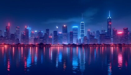 Fototapeta premium Stunning Night Cityscape Skyline Reflection on Calm Water Neon Lights Modern Architecture