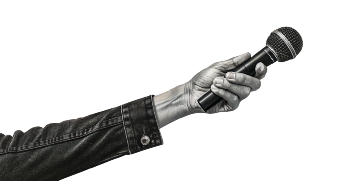 Retro Contemporary art collage featuring a hand with microphone. PNG