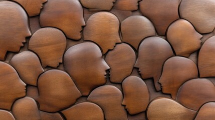 Fototapeta premium Artistic installation of wooden faces contemporary gallery sculpture indoor detailed perspective human connection