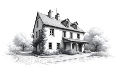 Architectural Sketch Charming Two Story House with Cobblestone Driveway and Lush Greenery