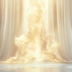 Cream curtains with shimmering cream and gold light, soft reflections, minimalist design, clear space for product placement.