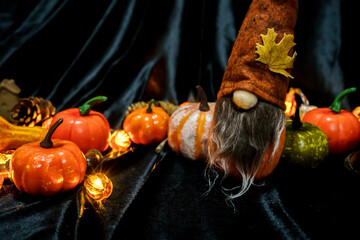 Halloween decorations background. Halloween Scary pumpkin head on wooden table Halloween holiday concept