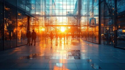 A vibrant sunset reflects through glass architecture, with silhouettes of people walking.