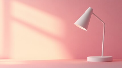 Minimalist white desk lamp on pink background with sunlight.