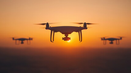 Drones flying against a vibrant sunset backdrop.