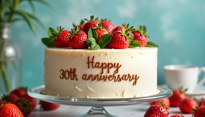 Vanilla anniversary cake decorated with fresh strawberries, mint. Happy 30th Anniversary message written on cake. Festive dessert for celebration. Cake stands on glass platter surrounded by