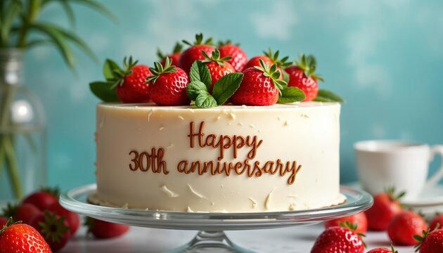 Vanilla anniversary cake decorated with fresh strawberries, mint. Happy 30th Anniversary message written on cake. Festive dessert for celebration. Cake stands on glass platter surrounded by