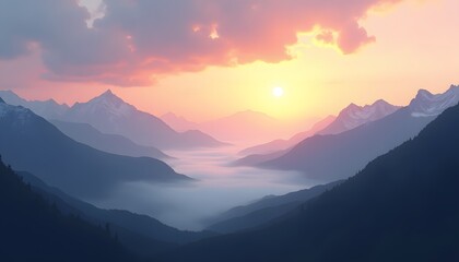 Obraz premium Majestic Sunrise Over Misty Mountain Valley Serene Landscape Photography