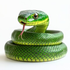 Fototapeta premium Close-Up of a Vibrant Green Snake with Detailed Scales and Flicking Tongue Against a Clean White Background for Nature and Wildlife Enthusiasts