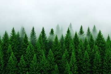 Fototapeta premium Lush green coniferous forest shrouded in mist.