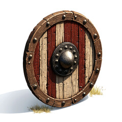 Naklejka premium Striking Wooden Viking Shield: A 3D Model of Medieval Combat Armor, Perfect for Game Assets, Historical Illustrations, and Fantasy Designs