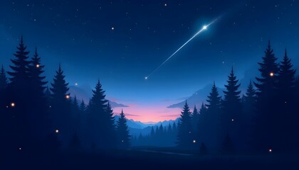 Naklejka premium Serene Night Scene Shooting Star over Silhouetted Pine Forest and Mountains
