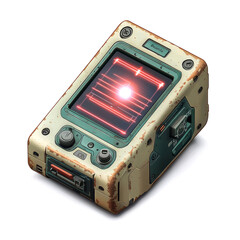 Fototapeta premium Retrofuturistic Device: A Vintage Tech Gadget with Grunge Aesthetic. Rusty, Worn, Weathered Design. Sci-fi Cyberpunk Steampunk Style. Digital Display, Red Signal, and Old Controls.