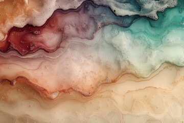 Obraz premium Abstract background featuring soft, flowing layers of earthy tones, including beige, brown, teal, and coral, resembling natural mineral textures.
