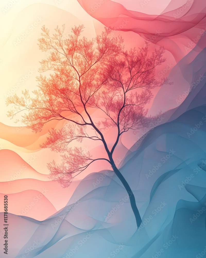Poster pastel abstract tree in flowing digital light minimalist nature design