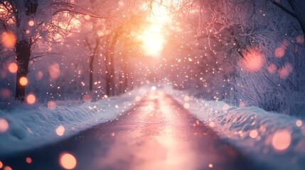 Obraz premium Blurred light clusters softly illuminating a snow-covered forest road surrounded by frost-laden branches offering a serene seasonal setting