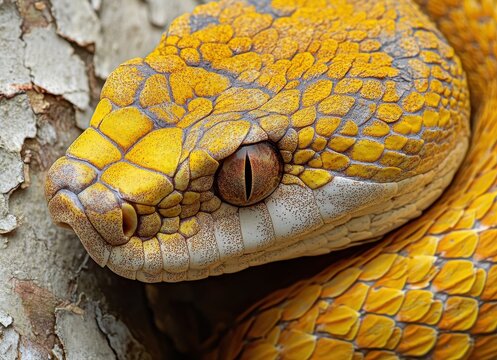 Close-Up of a Vibrant Yellow Python Coiled on Tree Bark, Showcasing Intricate Scales and Striking Features in a Natural Habitat Setting